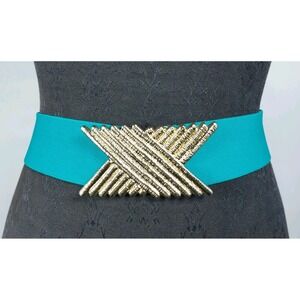 Charmant Inc. Vintage 80s‎ Teal Stretch Belt Gold X Buckle Medium 2"x27" (Flat)